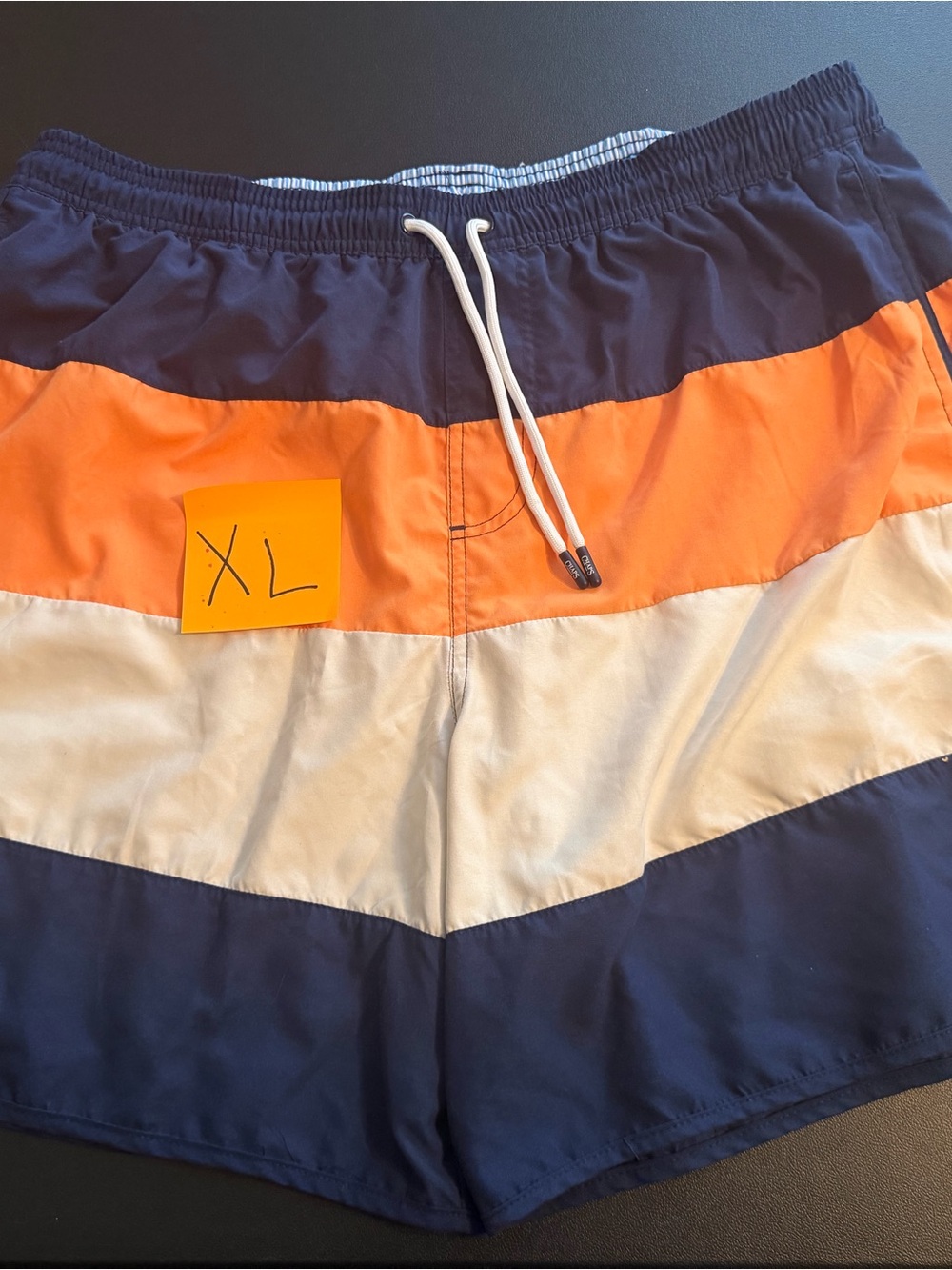 Chaps Navy, Orange & White Colorblock Swim Trunks